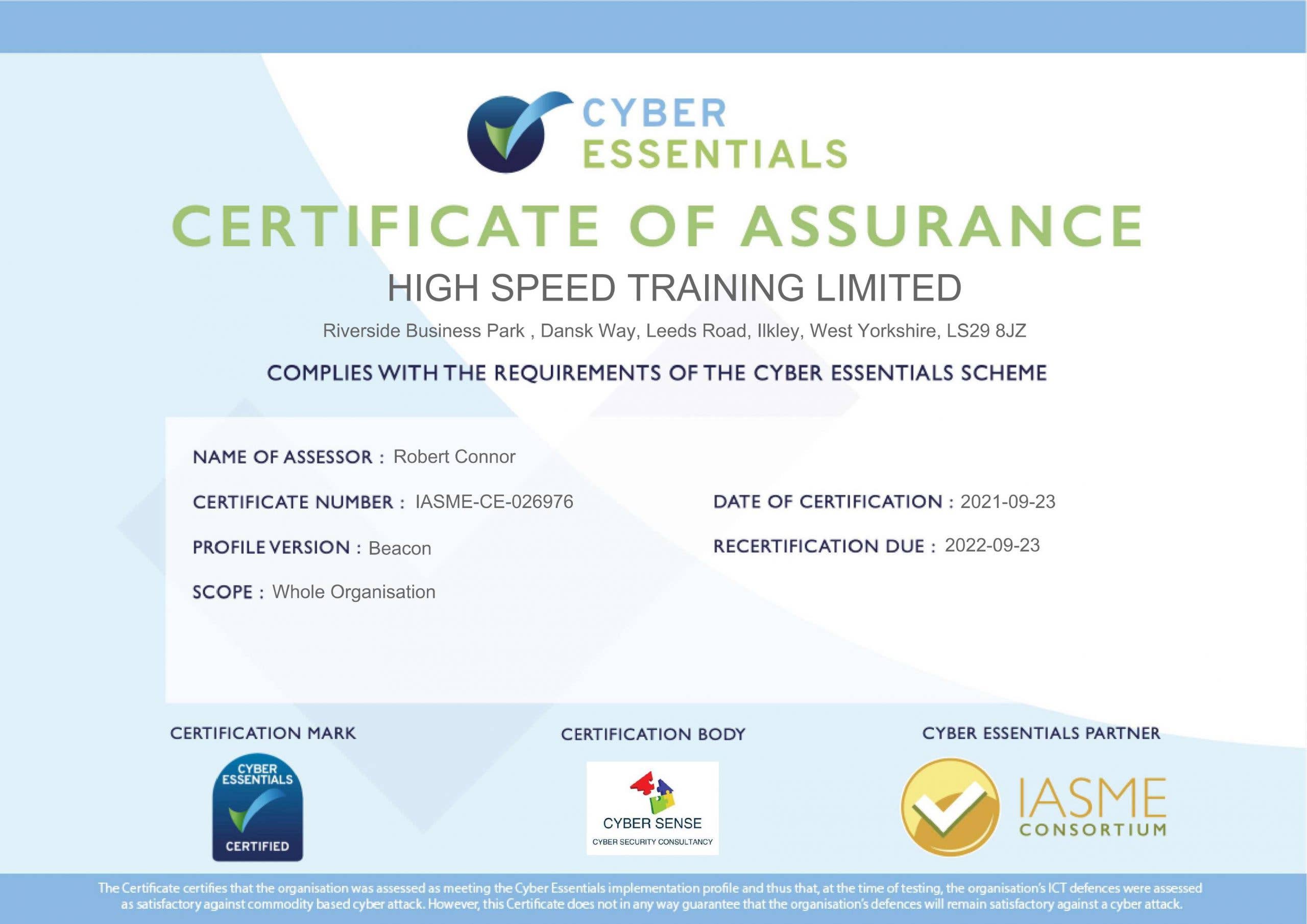 High Speed Training's official certificate