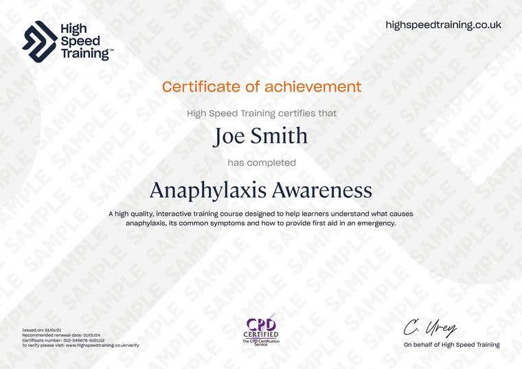 Anaphylaxis Awareness - Example Certificate