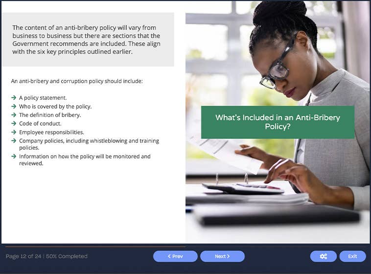 Course screenshot showing what's included in an anti-bribery policy