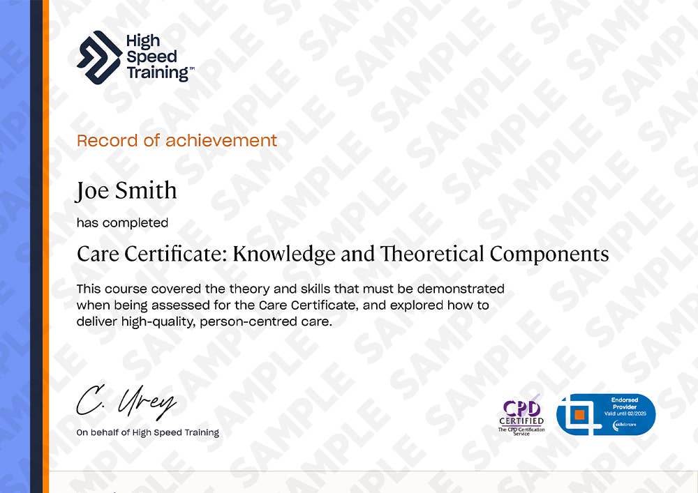 Example certificate for the Care Certificate Course