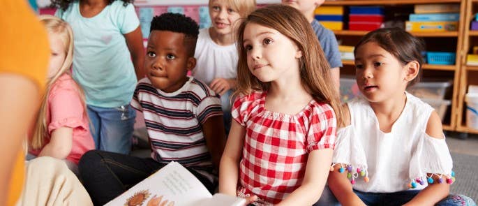 Children listening to the teacher reading a book to the class