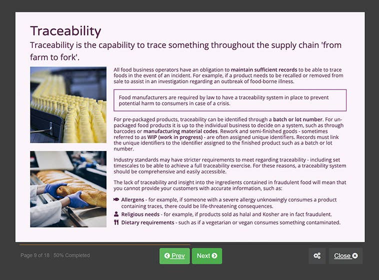 Course screenshot showing traceability