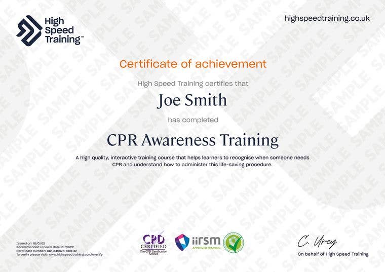 Sample CPR Awareness Certificate