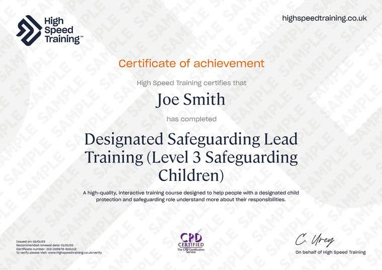 Sample Designated Safeguarding Lead Training (Level 3 Safeguarding Children) Certificate