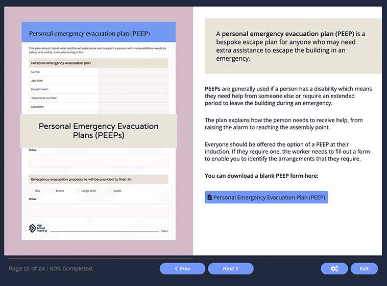 Course screenshot showing personal emergency evacuation plans