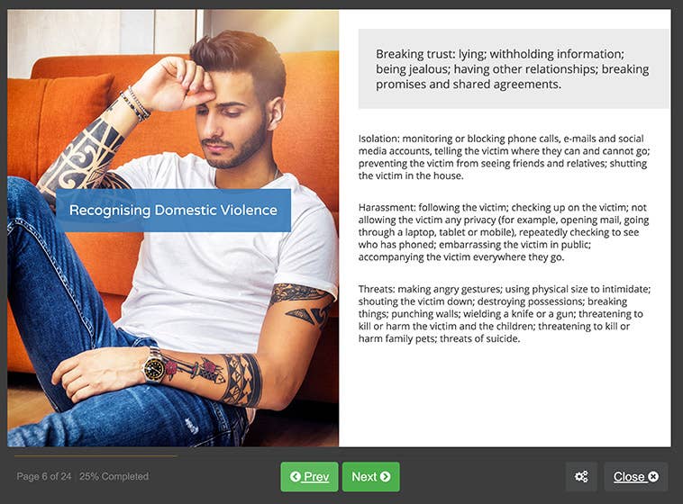 Course screenshot showing how to recognise domestic violence