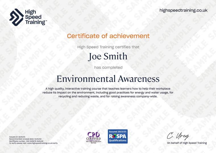 Environmental Awareness - Example Certificate