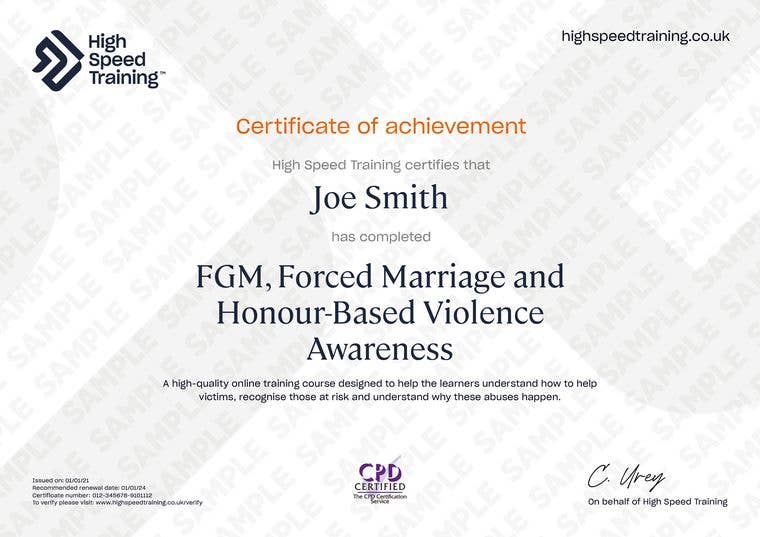 Sample FGM, Forced Marriage and Honour-Based Violence Awareness Certificate