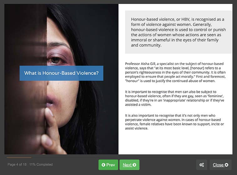 Course screenshot showing what is honour based violence