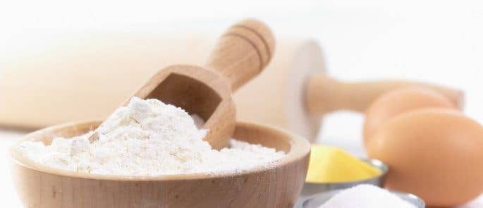 Close up of flour and eggs on a worktop