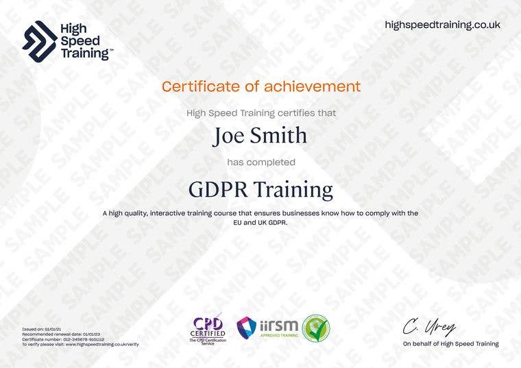 Sample GDPR Training certificate