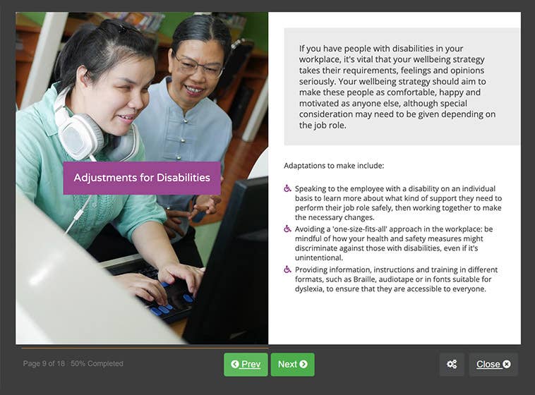 Course screenshot showing adjustments for disabilities