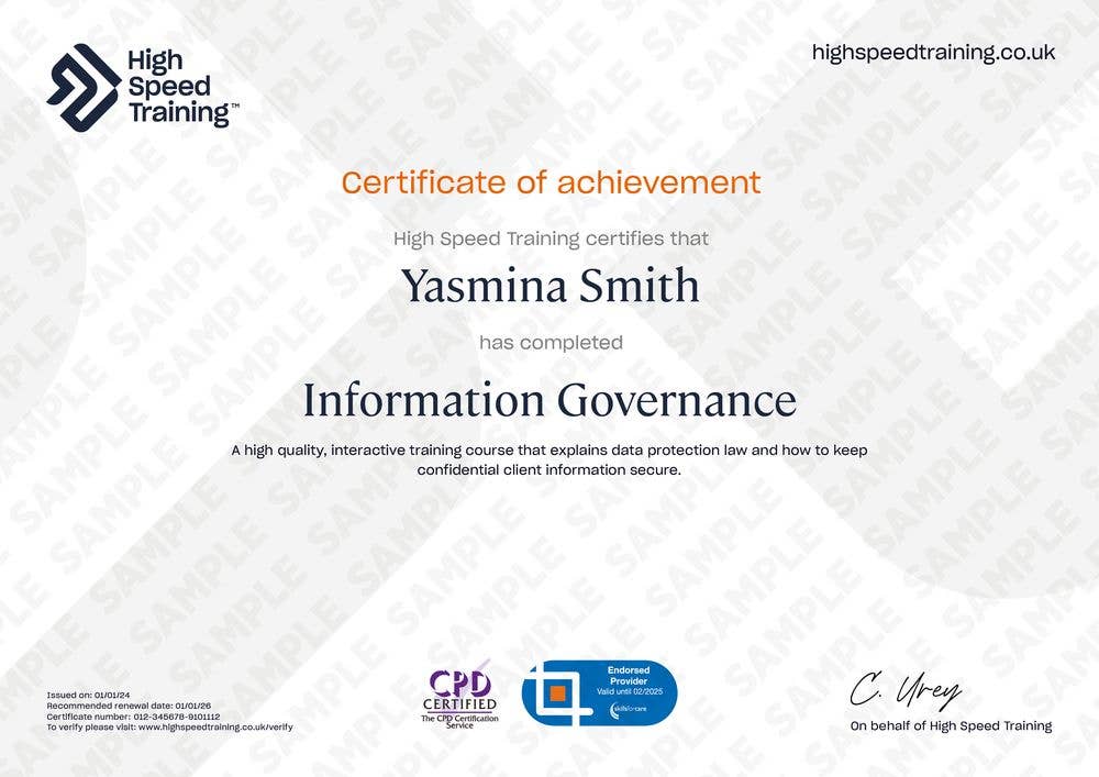 Example Certificate for the Information Governance Course