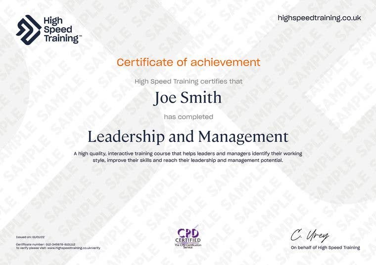 Sample Leadership and Management certificate