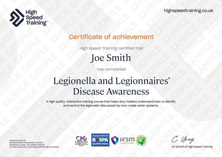 Sample Legionella and Legionnaires' Disease Awareness Certificate