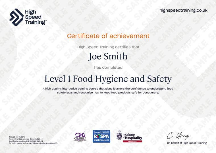 Sample Level 1 Food Hygiene and Safety Certificate