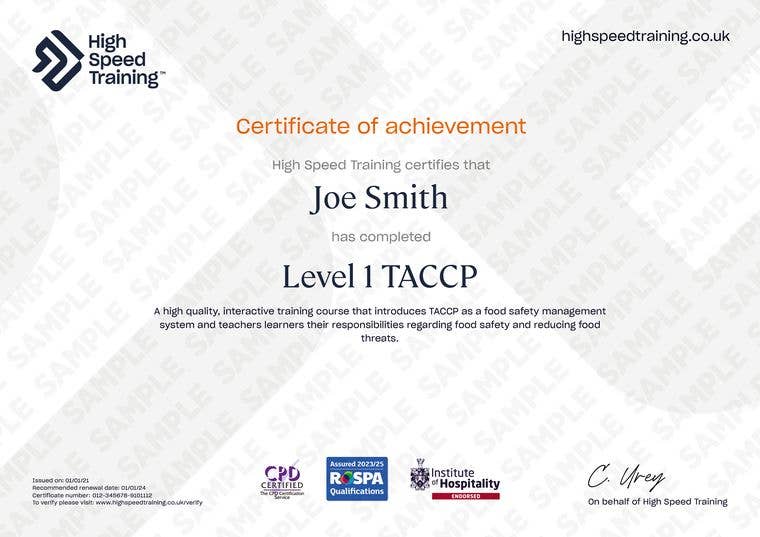 Sample Level 1 TACCP Certificate