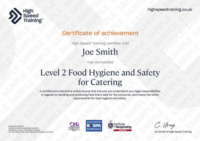 Sample Level 2 Food Hygiene and Safety for Catering Certificate