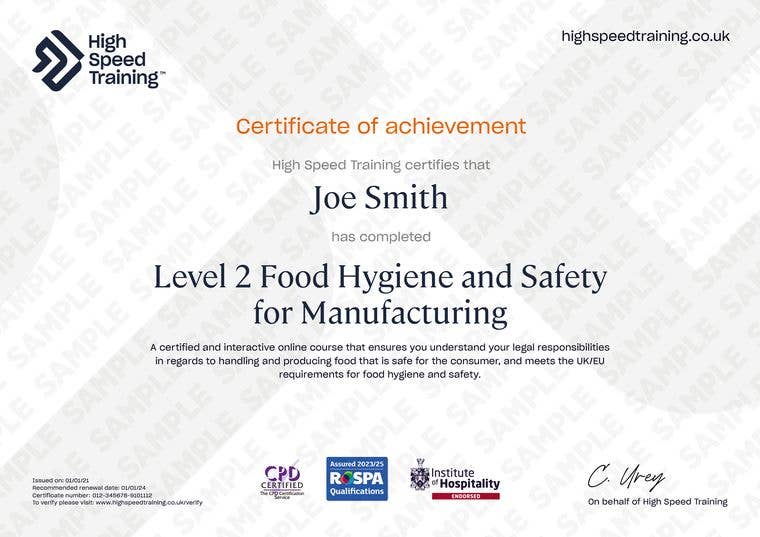 Sample Level 2 Food Hygiene and Safety for Manufacturing certificate