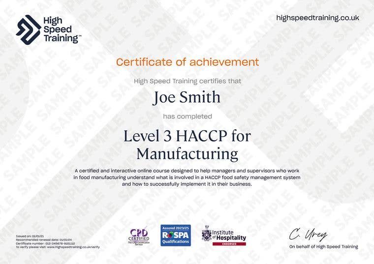 Sample Level 3 HACCP for Manufacturing Certificate