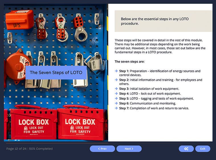 Course screenshot showing seven steps of LOTO