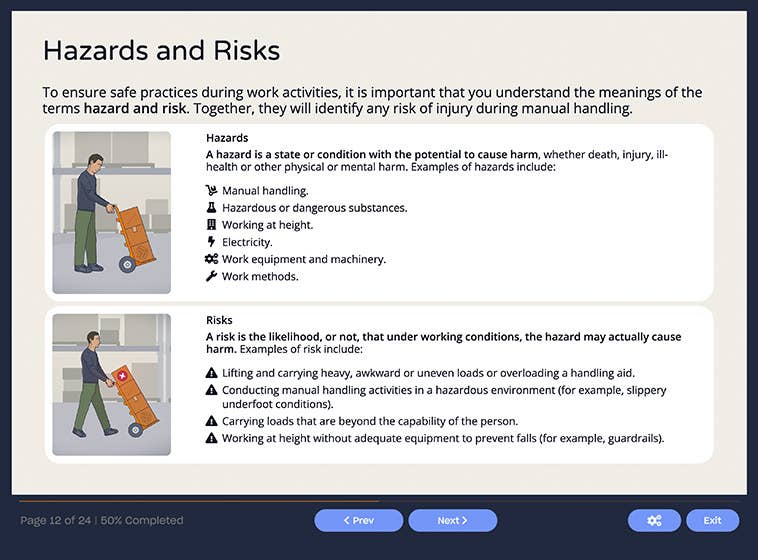 Course screenshot showing hazards and risks