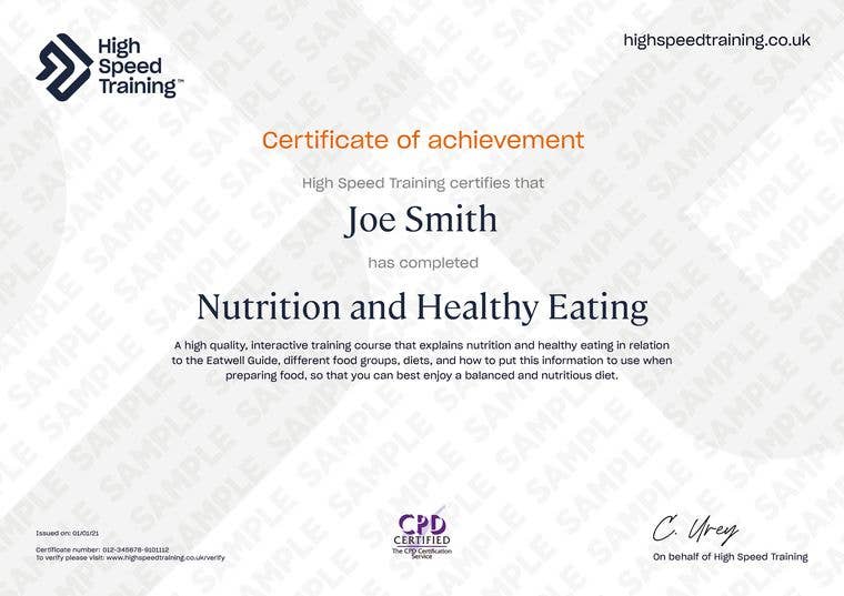 Sample Nutrition and Healthy Eating certificate