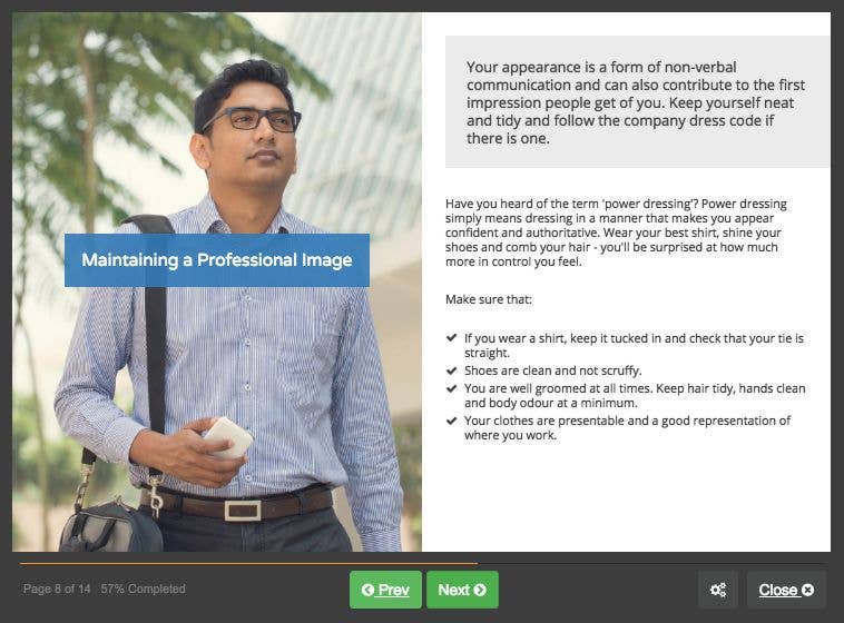 Course screenshot for maintaining a professional image