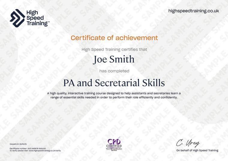 Sample PA and Secretarial Skills certificate