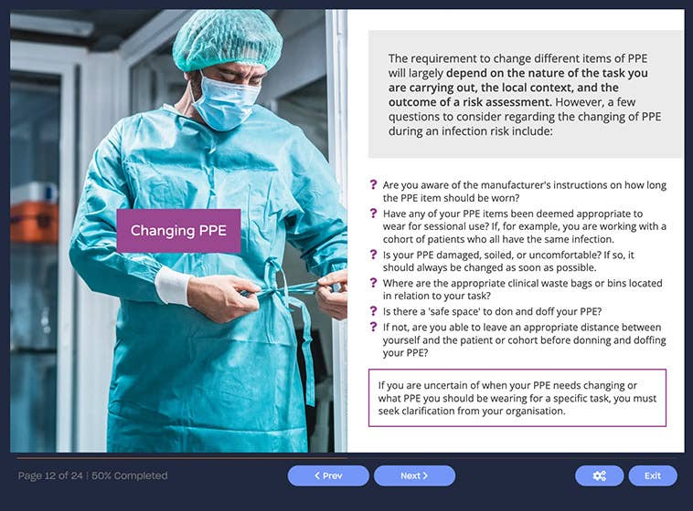 Course screenshot showing changing PPE