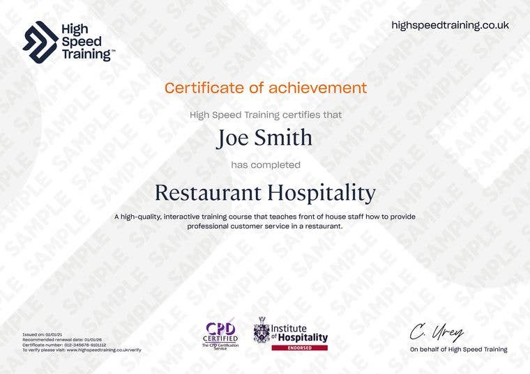 Restaurant Hospitality - Example Certificate