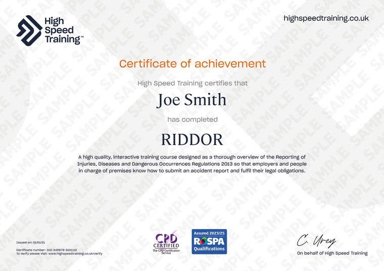 RIDDOR - Example Certificate