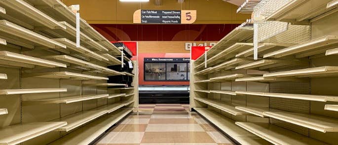 Empty shelves in a supermarket