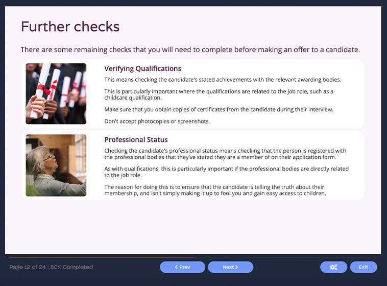 Course screenshot showing how to conduct further checks