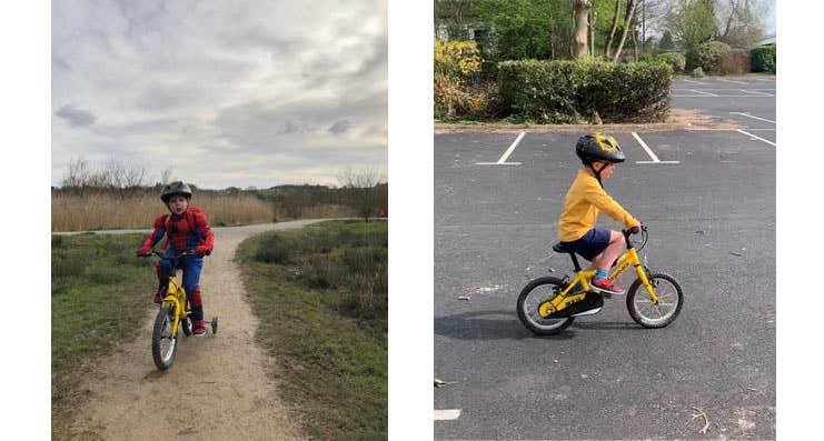 A young boy learning how to ride a bike