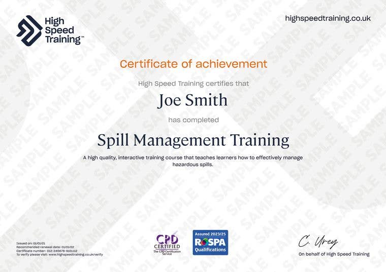 Spill Management Training - Example Certificate