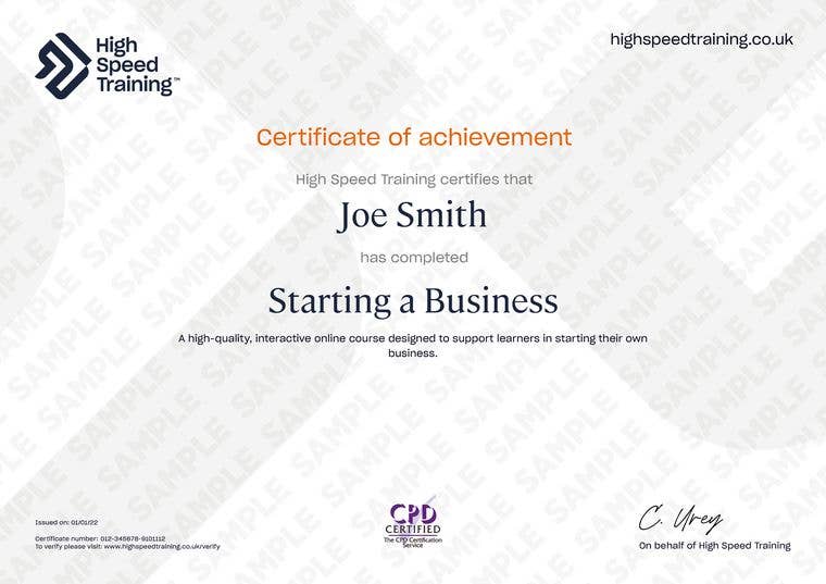 Sample Starting a Business certificate