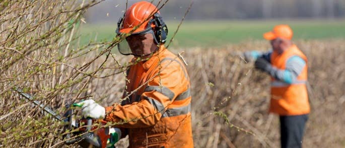 Worker wearing compatible PPE hard hat and hearing protection