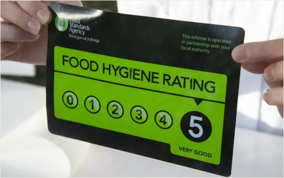 A food hygiene rating sticker showing a 5 star rating for an establishment.